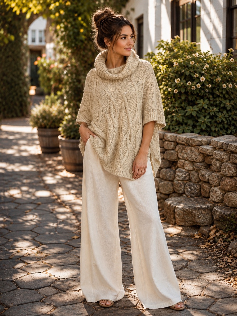 Berretti Made in Italy Wool Blend Cable Knit Cowl Neck Poncho Sweater M/L